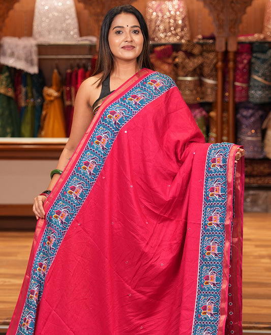 Rani Pink Manipuri Tussar Saree Features Mirror Work, Contrast Patola Elephant Printed Border, Patola Pallu, Matching Blouse