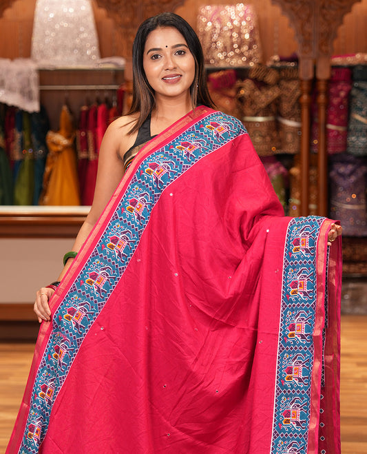 Rani Pink Manipuri Tussar Saree Features Mirror Work, Contrast Patola Elephant Printed Border, Patola Pallu, Matching Blouse