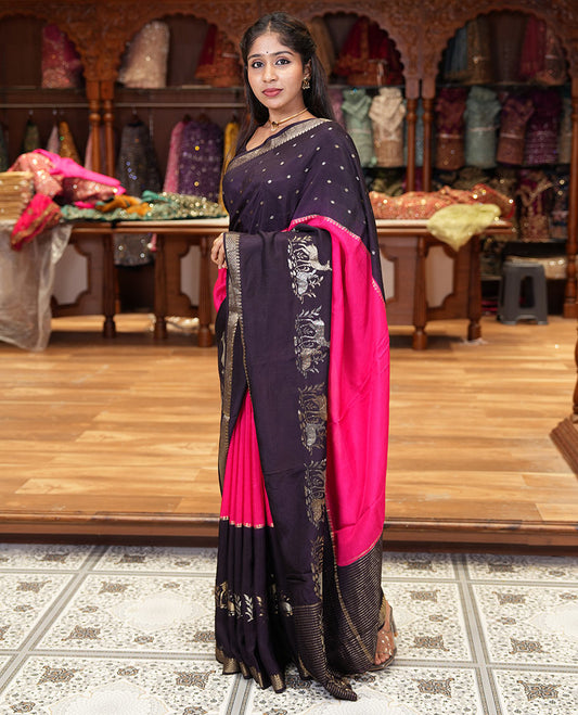 Dark violet and rani pink three-part, uniquely woven Russian silk saree features zari buttas and deer motifs, traditional motifs border, striped pallu, and a contrast buttas blouse