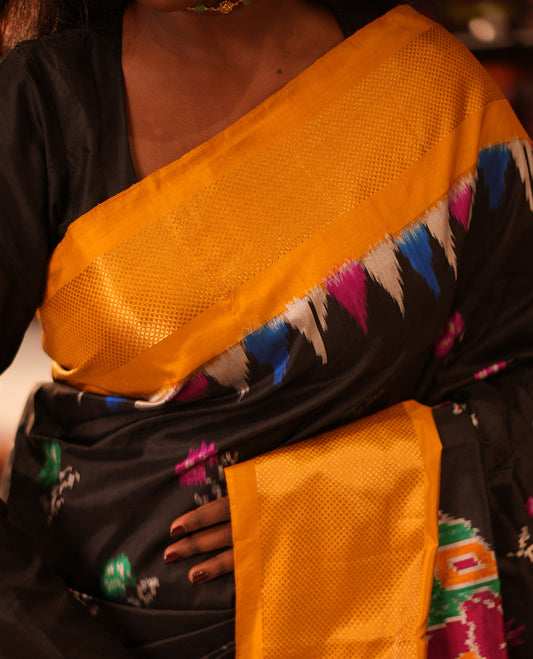 Black Flora-Elephant Buttas Pochampally Ikat Saree, Contrast Border and Blouse