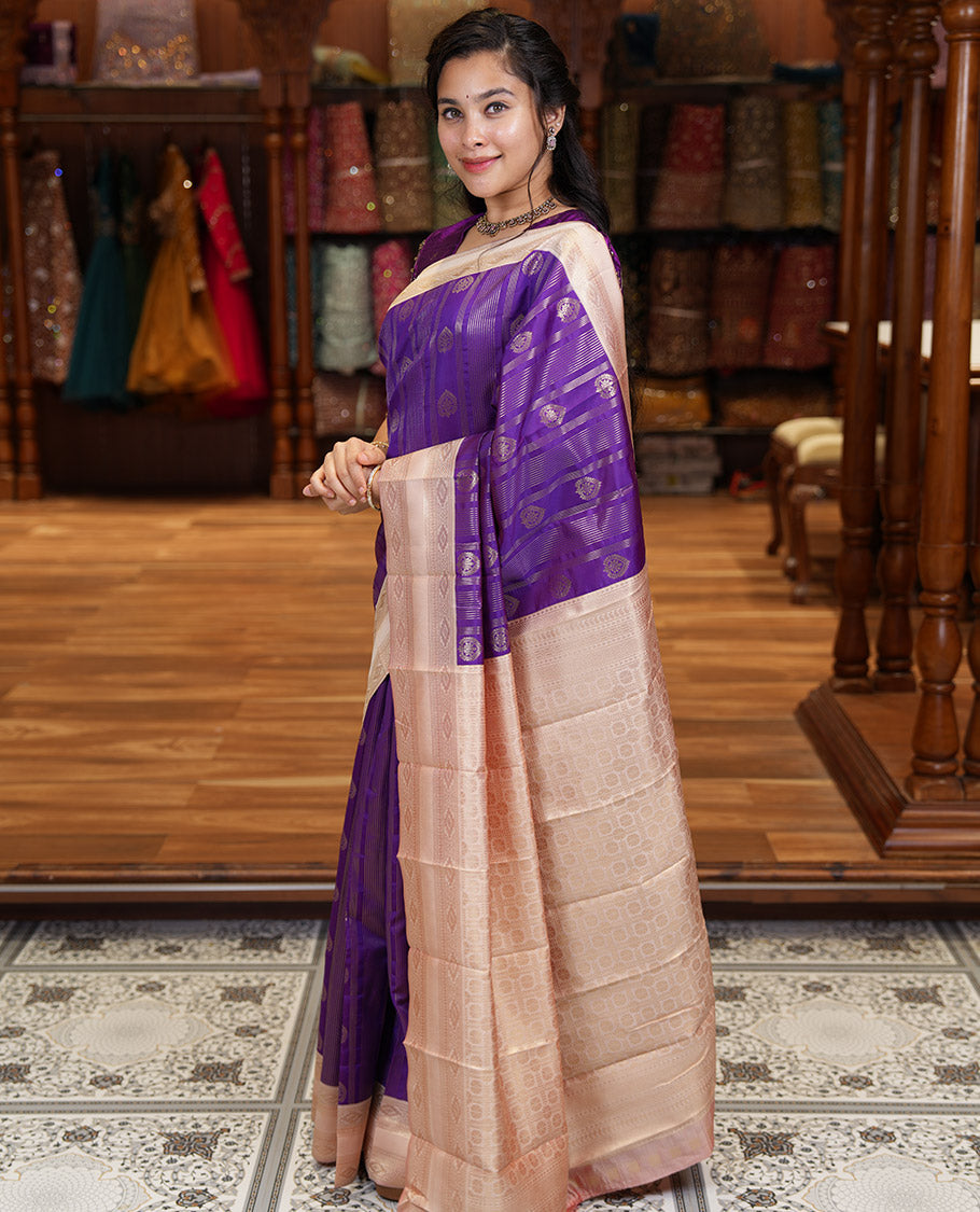 Magenta Pink Litchi Saree, Adorned with Vaira Oosi Stripes and Zari Buttas on Its Body, Complemented by a Contrast Rettai Pettu Traditional Zari Design Border, an Intricately Designed Pallu, and Paired with a Contrast Blouse