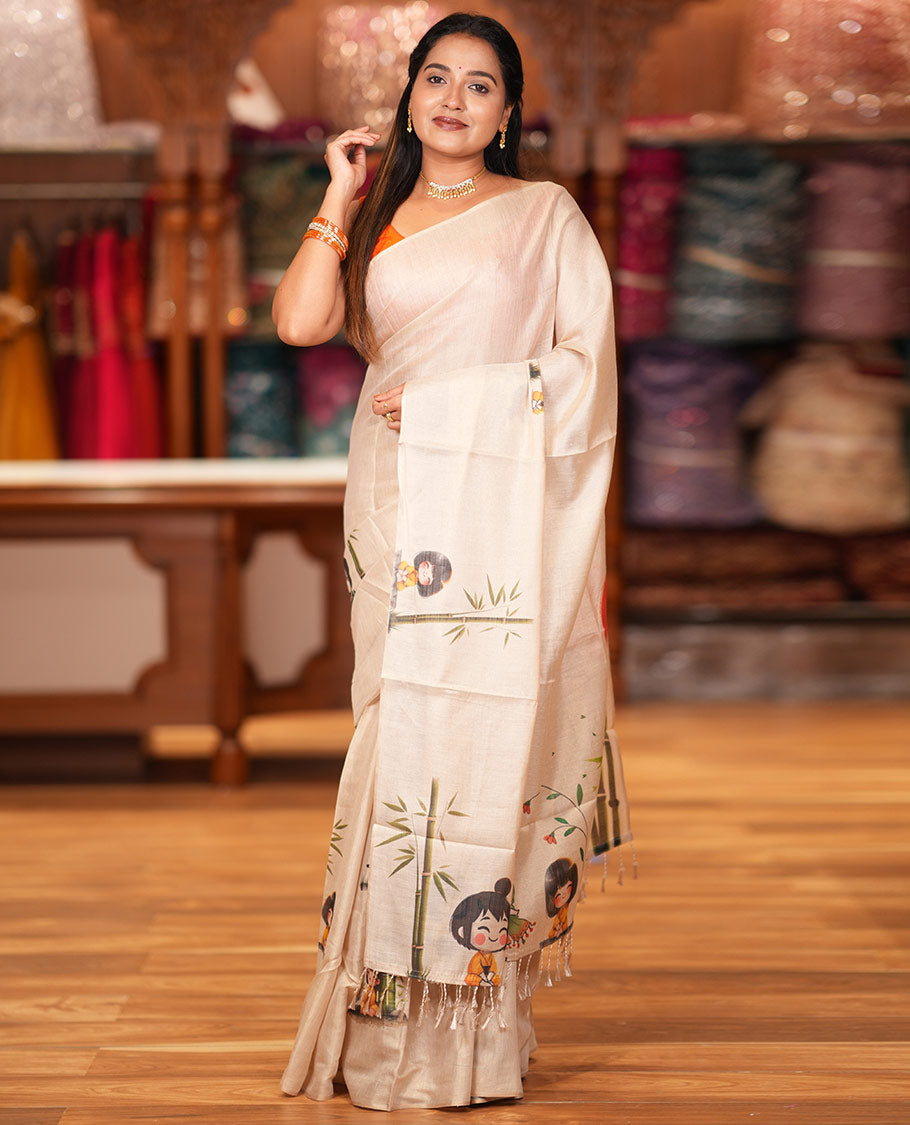 Borderless Gold Tissue Saree, Adorned with Cartoon Motifs Print, and a Matching Blouse