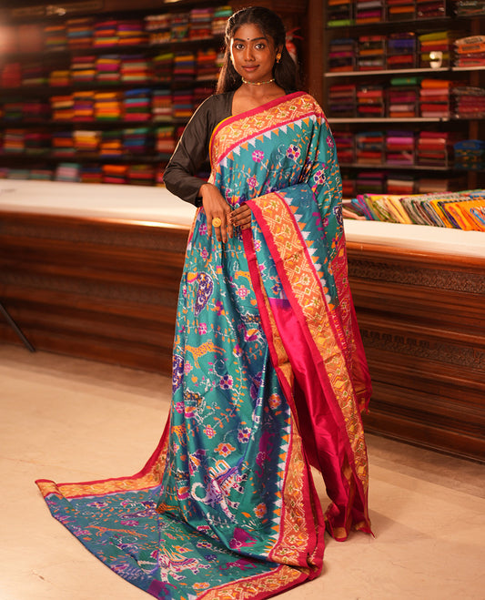 Blue Flora-Fauna Buttas Pochampally Ikat Saree, Contrast Border