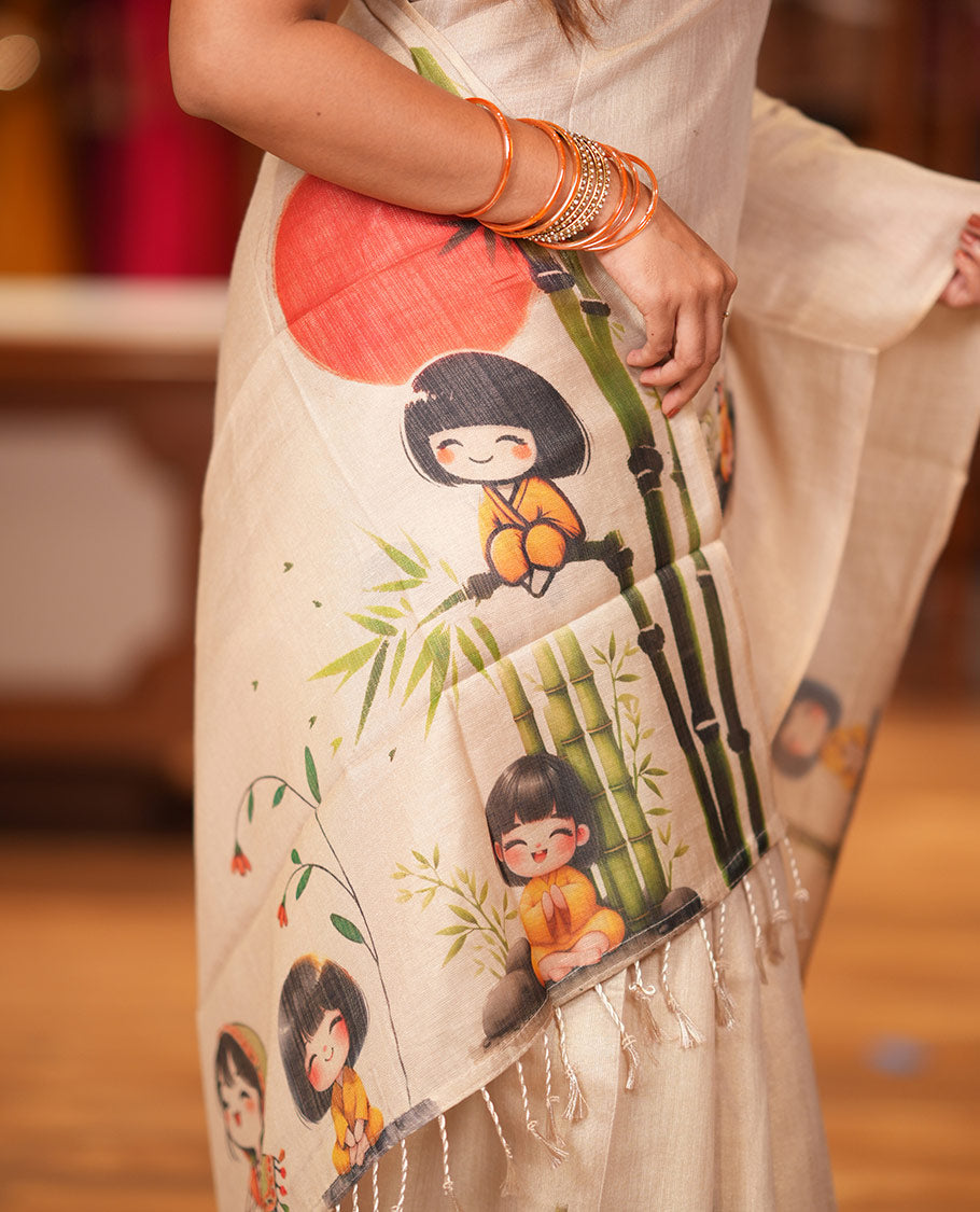 Borderless Gold Tissue Saree, Adorned with Cartoon Motifs Print, and a Matching Blouse