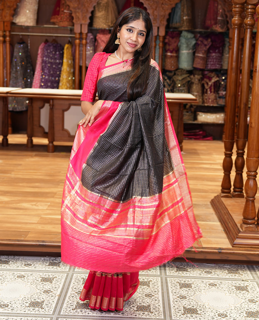 Black zari checked Assam cotton saree, contrast traditional zari design border, zari design pallu, and a contrast zari design blouse