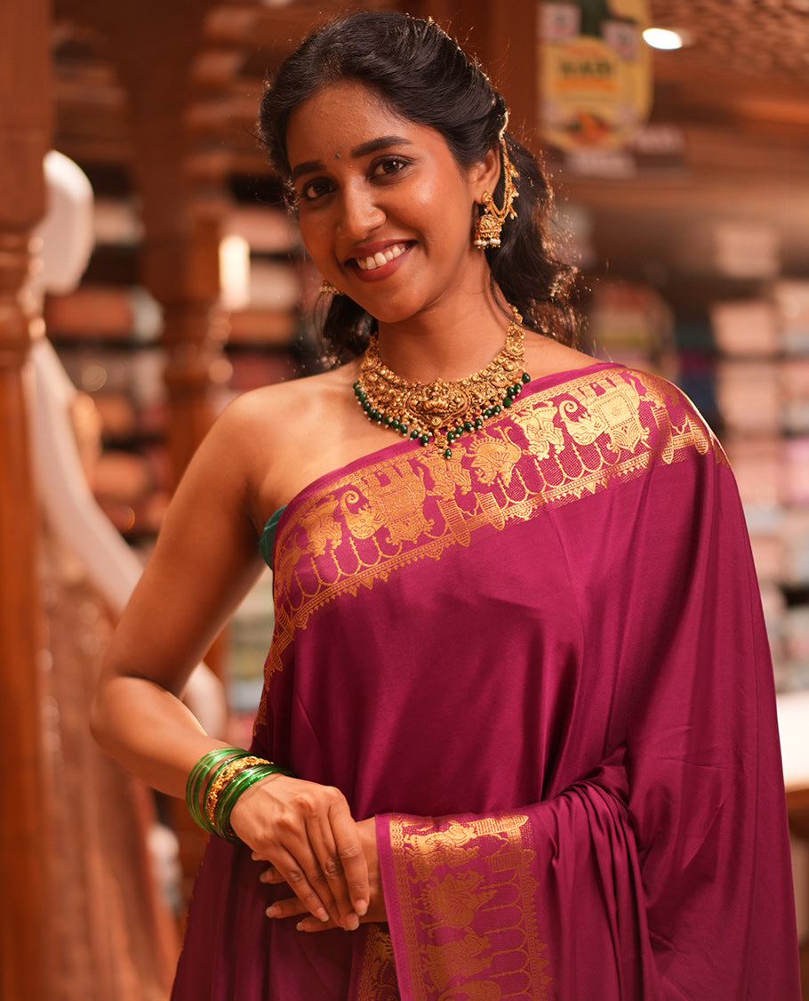 Wine Plain Semi-Mysore Saree, Zari Wedding-Themed Border, Zari Striped Pallu, Matching Blouse