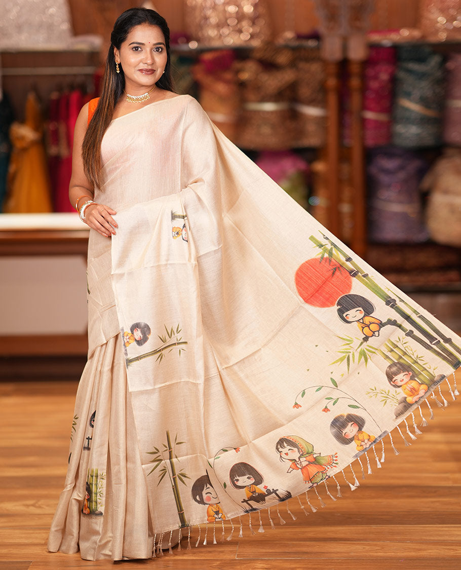 Borderless Gold Tissue Saree, Adorned with Cartoon Motifs Print, and a Matching Blouse