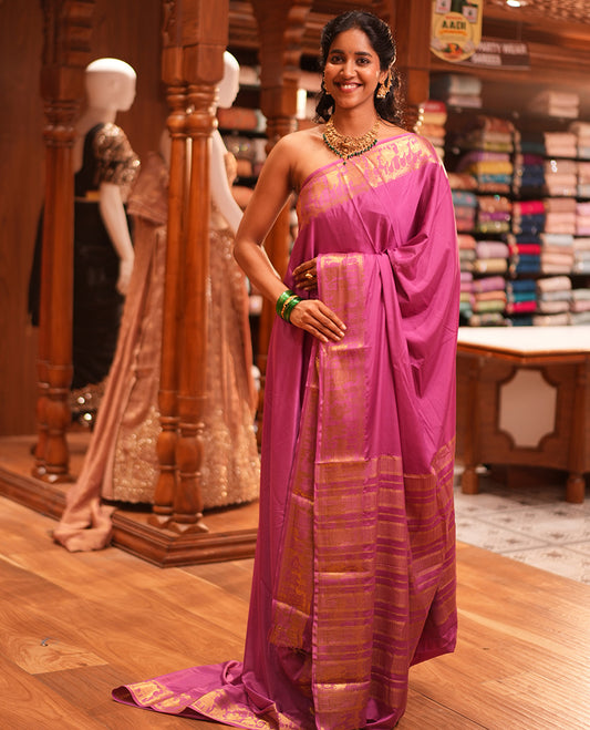 Onion Pink Plain Semi-Mysore Saree, Zari Wedding-Themed Border, Zari Striped Pallu, Matching Blouse