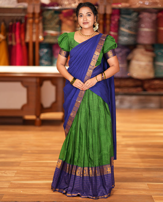 Green-Blue Mercerised Cotton Half Saree Features a Plain Skirt, a Contrast Traditional Zari Border, a Matching Blouse, and a Contrast Dhavani