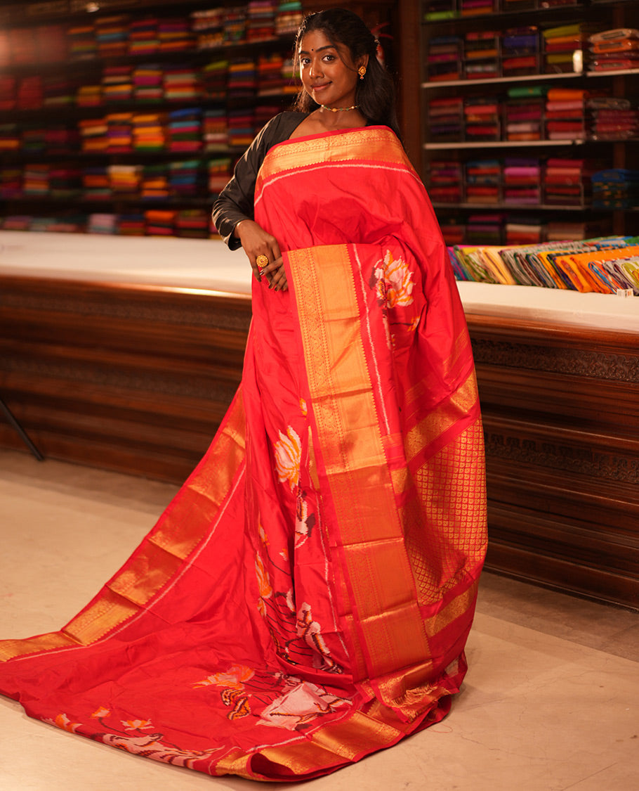 Red Floral Buttas Pochampally Ikat Saree, Zari Border