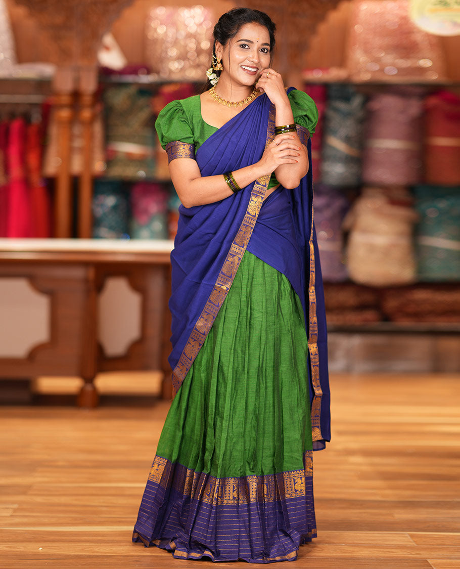 Green-Blue Mercerised Cotton Half Saree Features a Plain Skirt, a Contrast Traditional Zari Border, a Matching Blouse, and a Contrast Dhavani