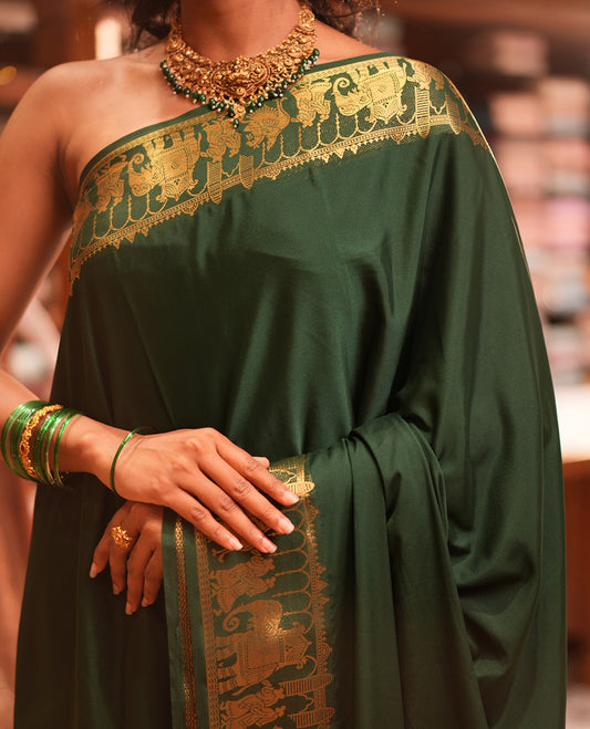Karumpachai Plain Semi-Mysore Saree, Zari Wedding-Themed Border, Zari Striped Pallu, Matching Blouse