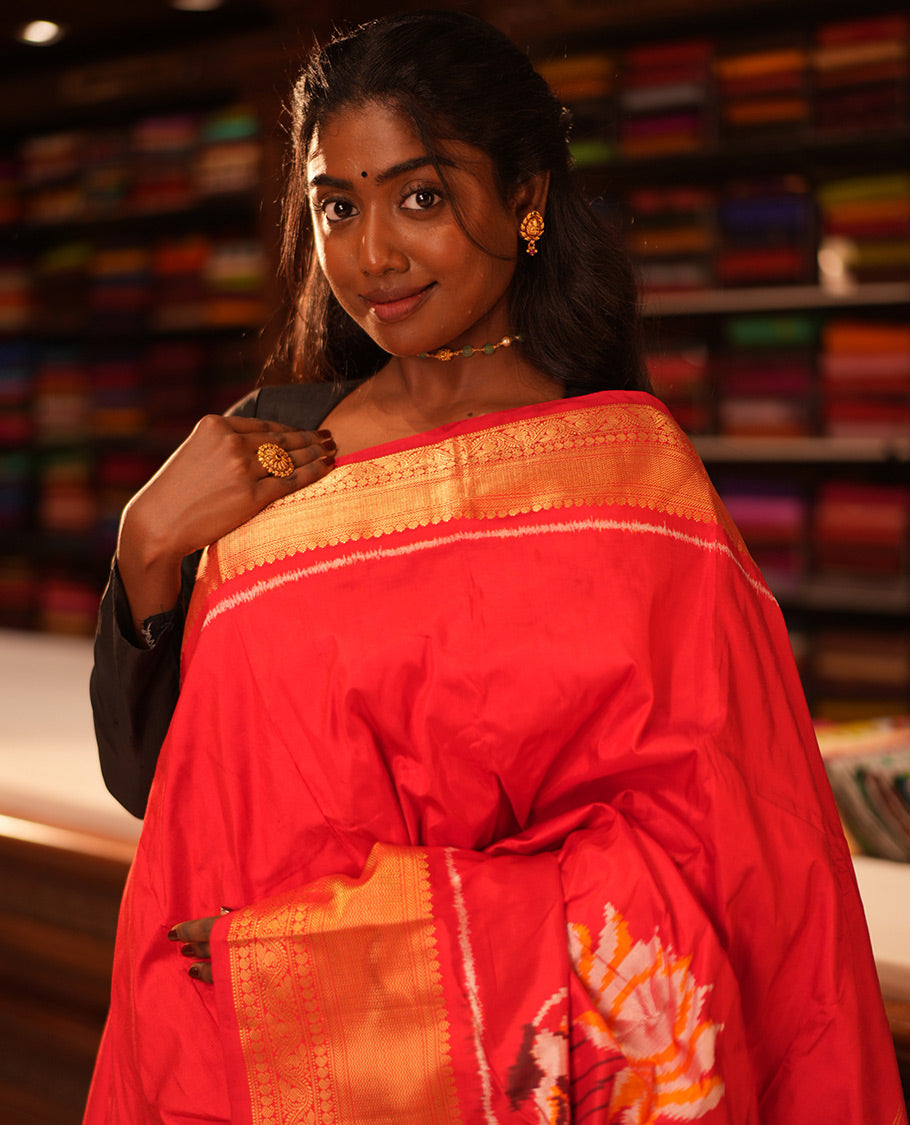 Red Floral Buttas Pochampally Ikat Saree, Zari Border