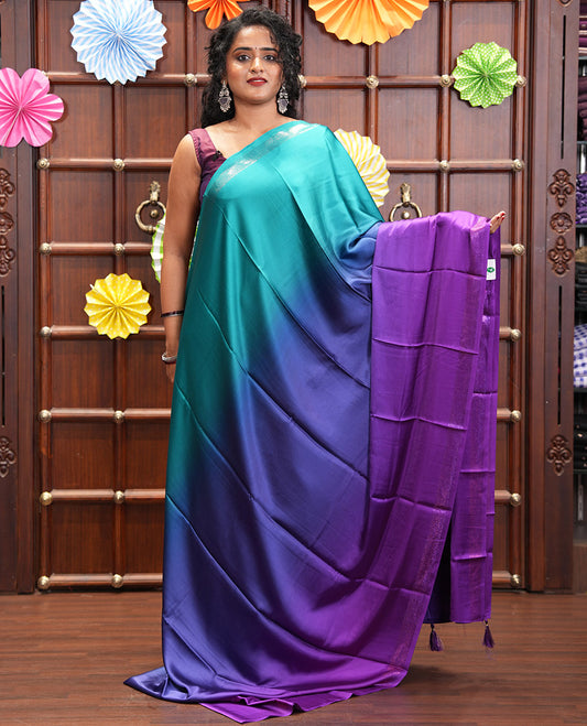 Peacock Green-Magenta Plain Ombre-Style Satin Crepe Saree