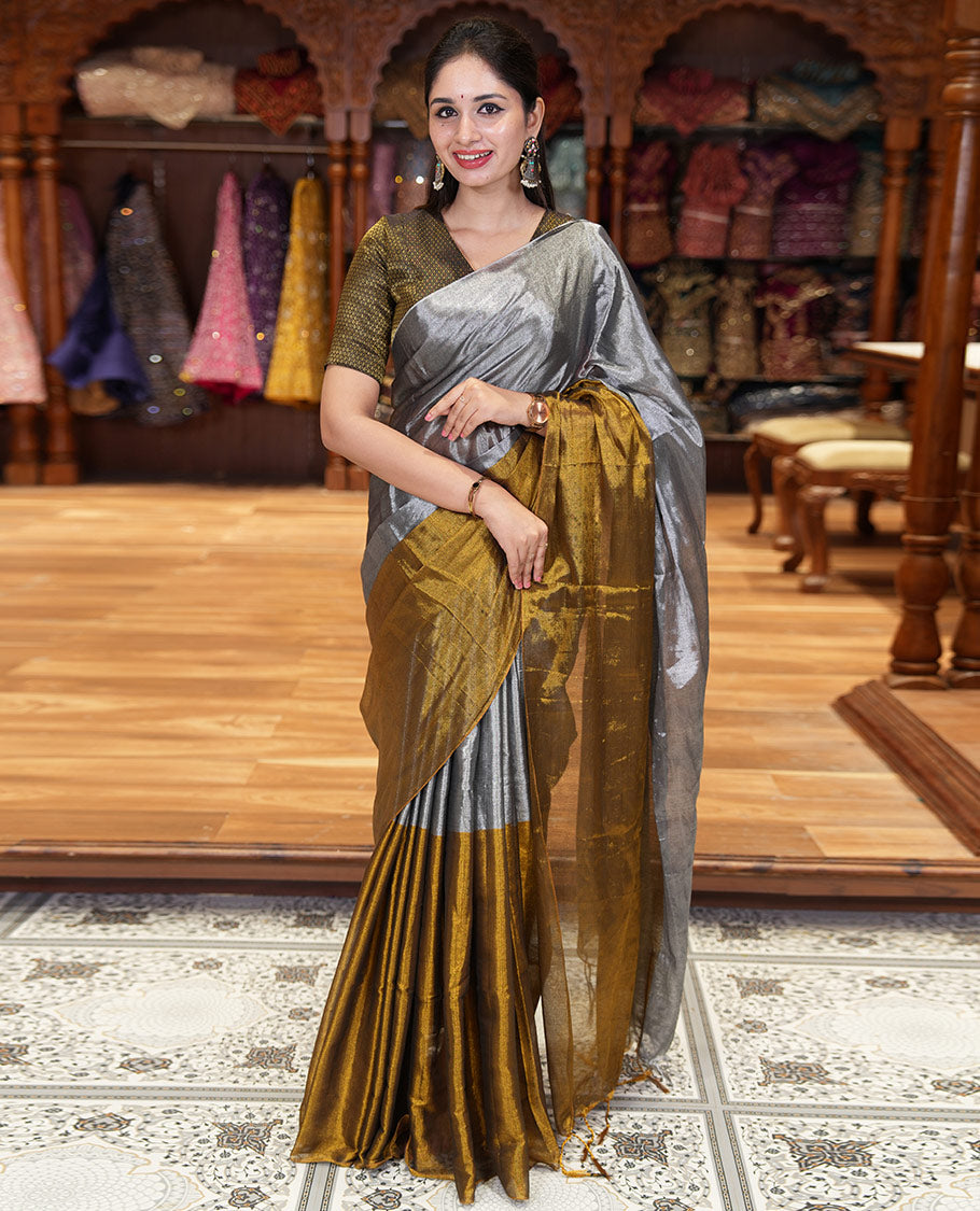Silver and gold half-and-half plain khadi tissue saree with a self-pallu and a matching blouse