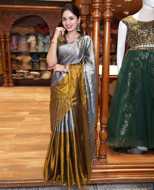 Silver and gold half-and-half plain khadi tissue saree with a self-pallu and a matching blouse