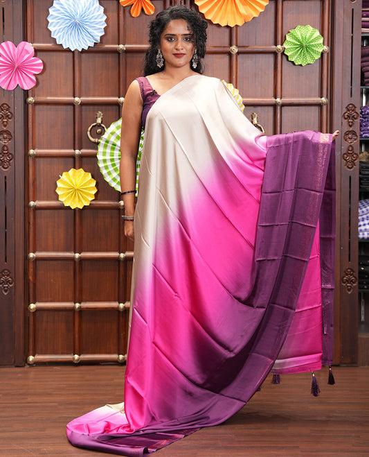 Cream-Purple Plain Ombre-Style Satin Crepe Saree