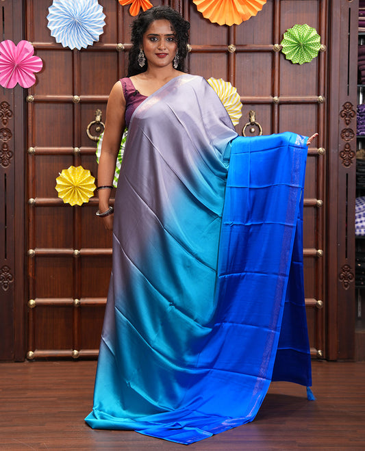 Grey-Royal Blue Plain Ombre-Style Satin Crepe Saree