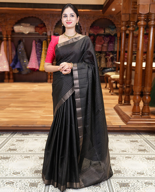 Black zari checked design fancy tussar silk saree, bavanji border, zari design pallu, and a matching blouse