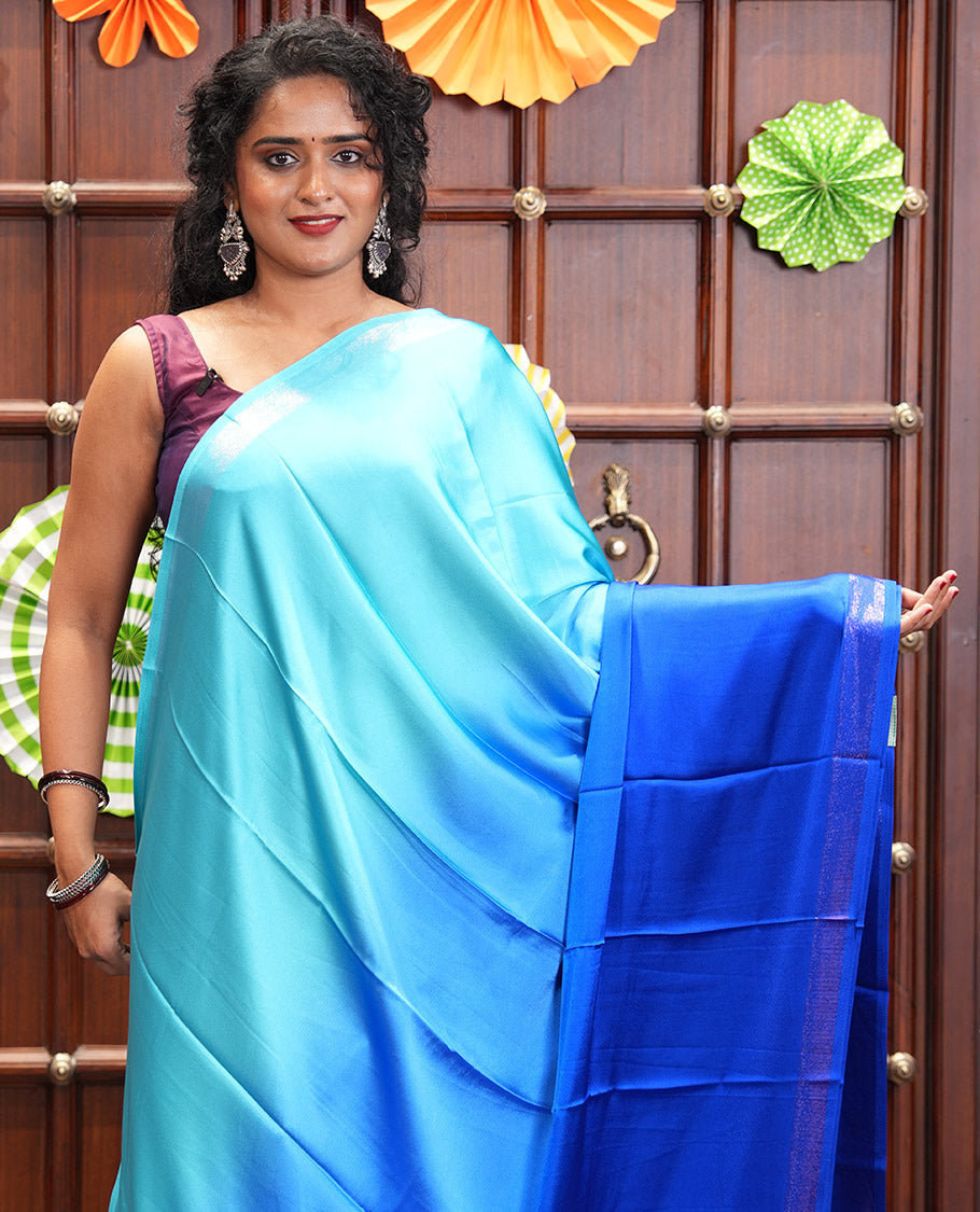 Sea Green-Royal Blue Plain Ombre-Style Satin Crepe Saree