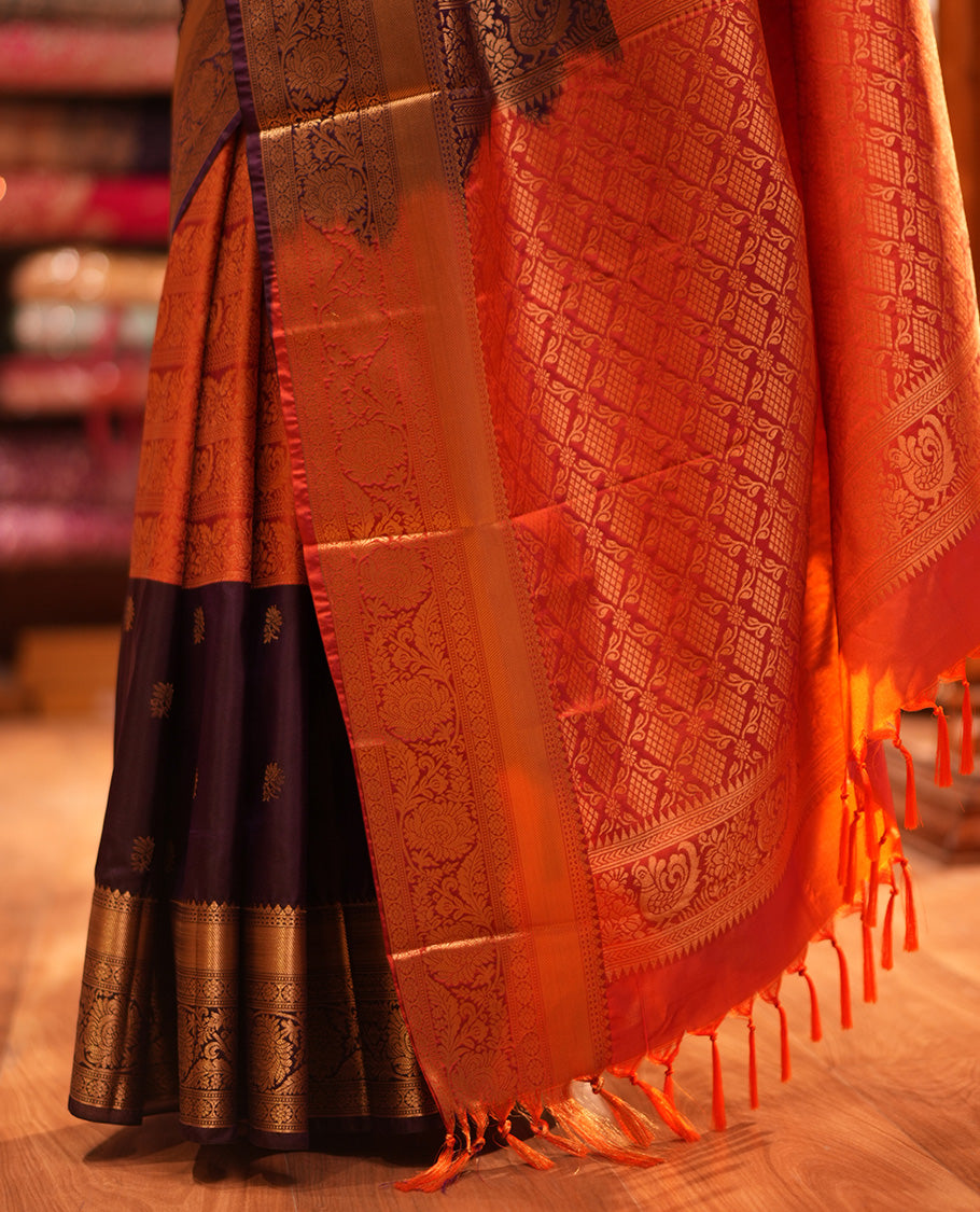 Rust Half-And-Half Budget Silk Saree Features Jacquard, Traditional Border, Grand Pallu, Contrast Blouse