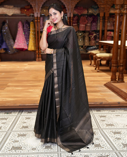 Black zari checked design fancy tussar silk saree, bavanji border, zari design pallu, and a matching blouse