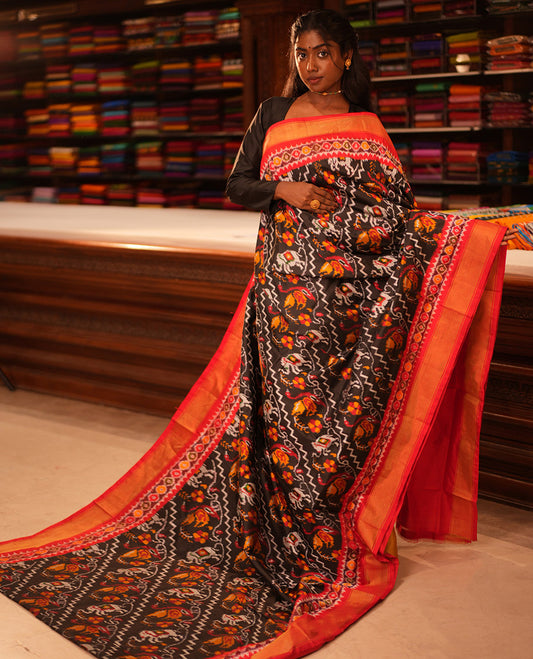 Black Floral-Animal Motif Pochampally Ikat Saree, Contrast Border
