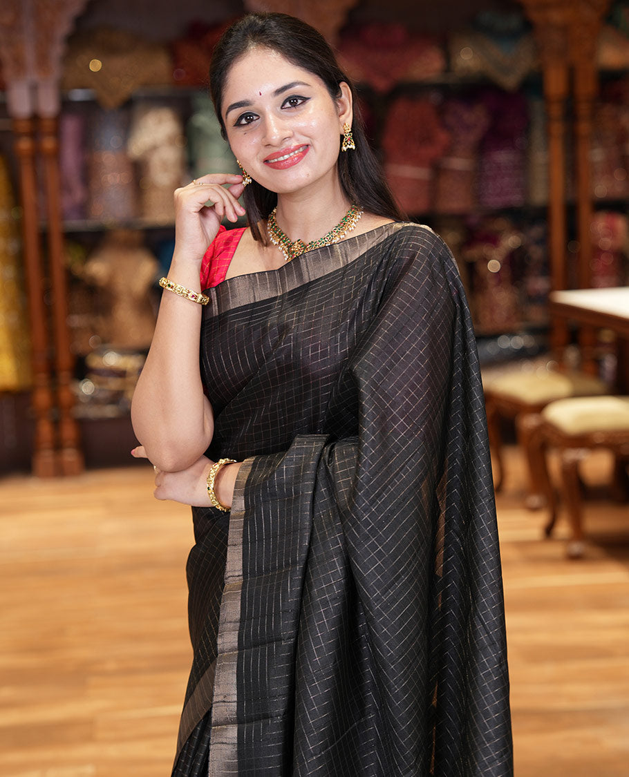 Black zari checked design fancy tussar silk saree, bavanji border, zari design pallu, and a matching blouse