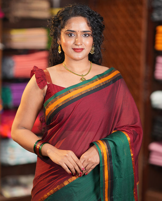 Maroon Plain Mercerised Cotton Saree