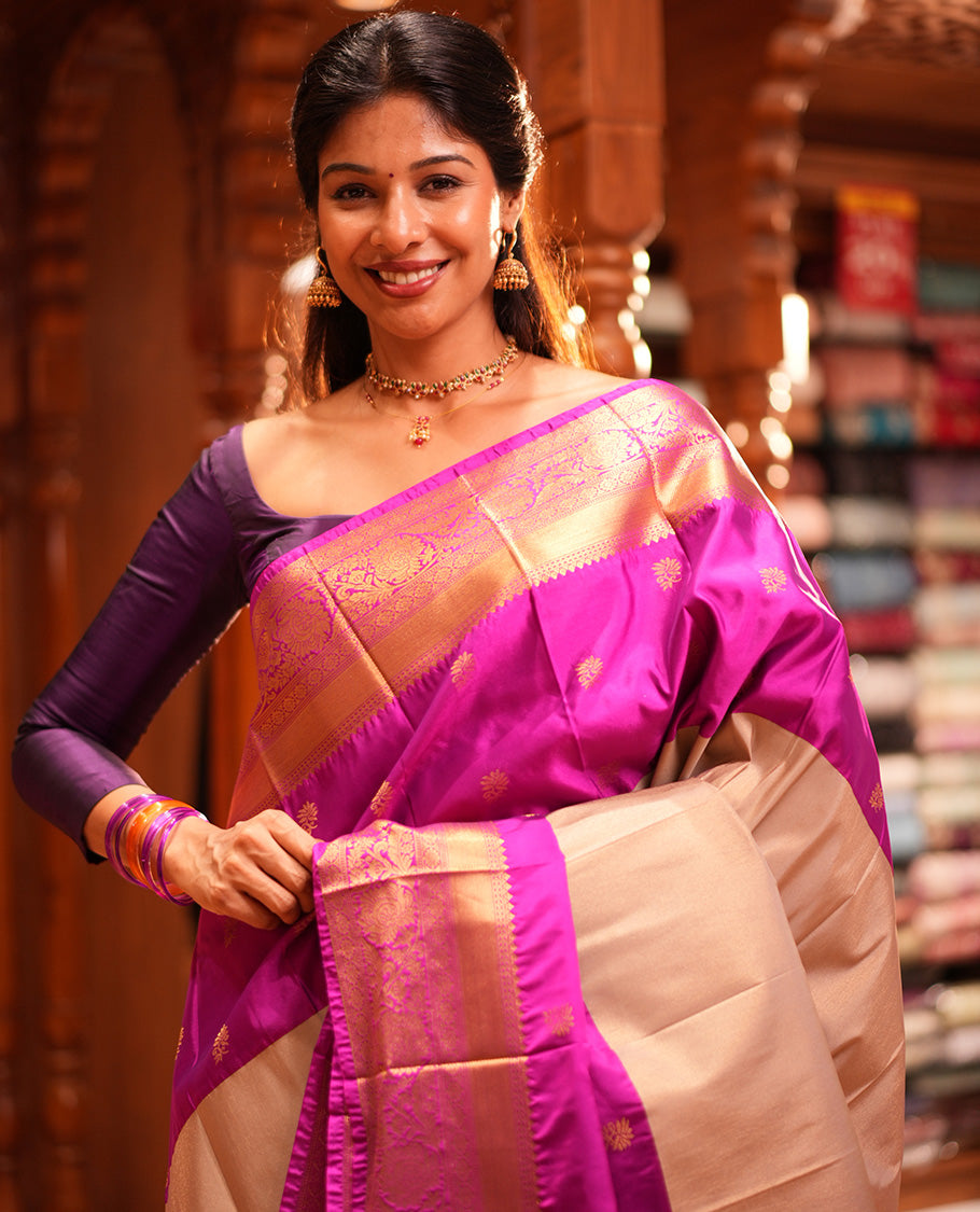 Pink Half-And-Half Budget Silk Saree Features Buttas, Traditional Border, Grand Pallu, Contrast Blouse