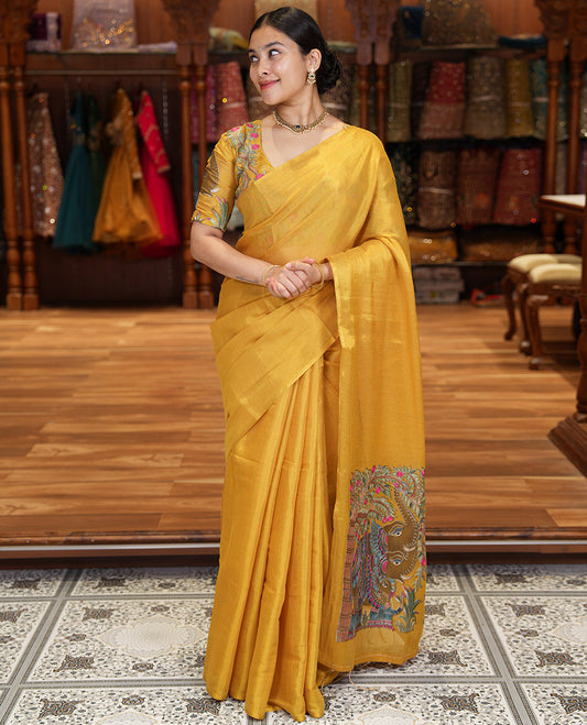 Borderless Gold Tissue Saree, Spotlighted with Colorful Tree-Elephant Motif Printed with Outline Embroidery on Its Body, and Paired with a Readymade Elbow-Sleeve Round-Neck Blouse