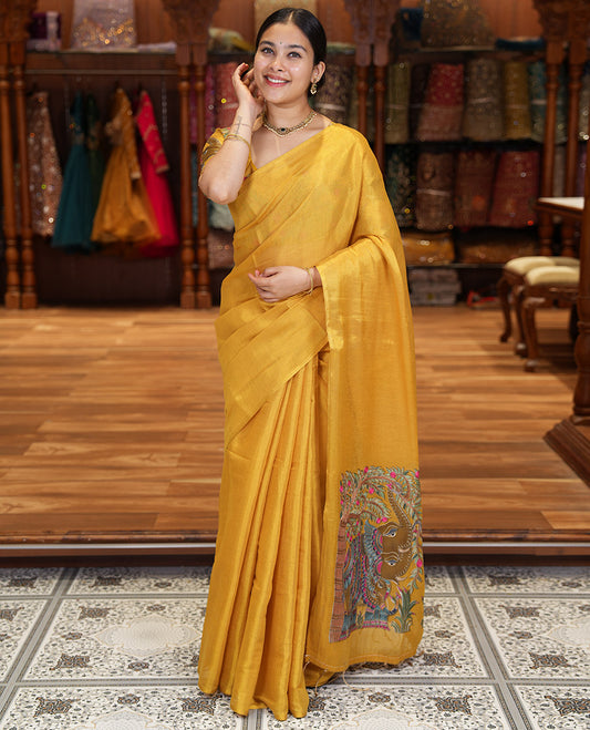 Borderless Gold Tissue Saree, Spotlighted with Colorful Tree-Elephant Motif Printed with Outline Embroidery on Its Body, and Paired with a Readymade Elbow-Sleeve Round-Neck Blouse