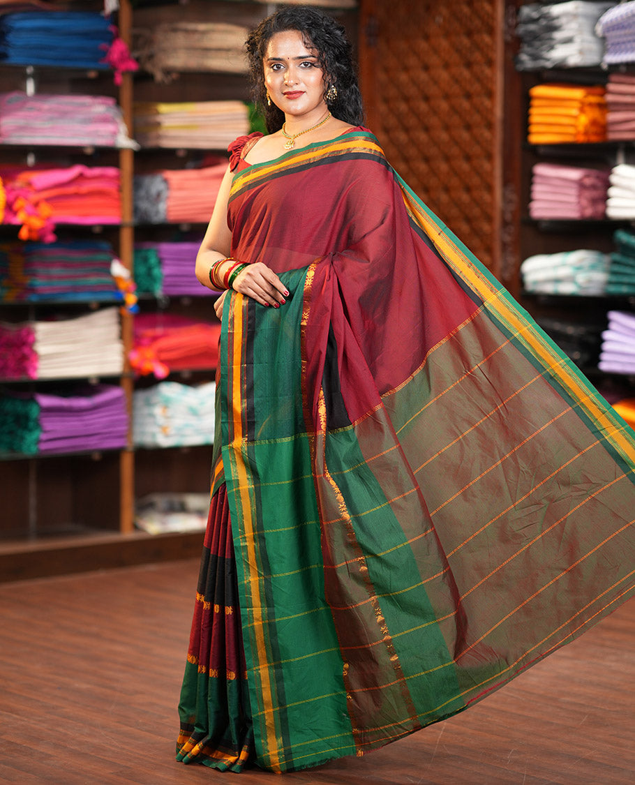 Maroon Plain Mercerised Cotton Saree