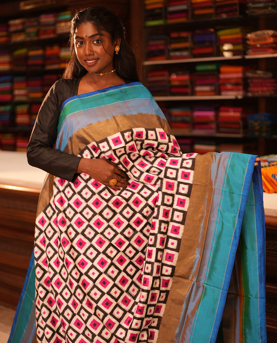 Multi-Color Geometric Pochampally Ikat Saree, Contrast Border