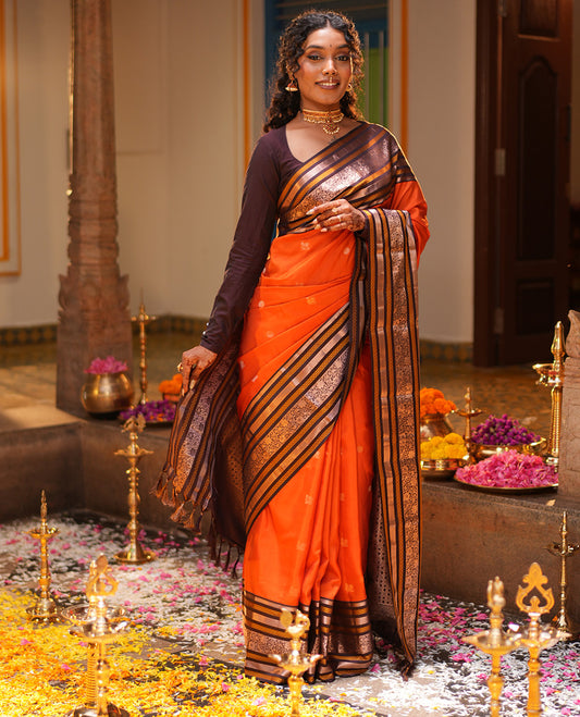 Orange Mayil-Chakram Buttas Vasundhara Lite Silk Mix Saree, Contrast Traditional Zari Border, and a Contrast Blouse