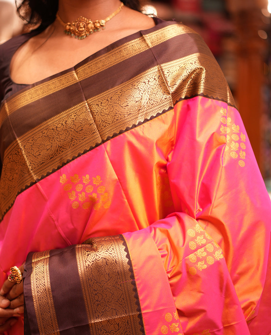 Peach Budget Silk Saree Features Buttas, Contrast Rettai Pettu Border, Grand Pallu, Contrast Blouse
