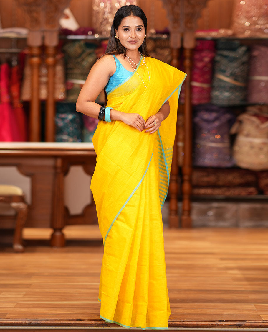 Yellow Geometric Textured Handloom Mercerized Cotton Saree, a Subtle Piping Border, Striped Pallu, and a Contrast Blouse