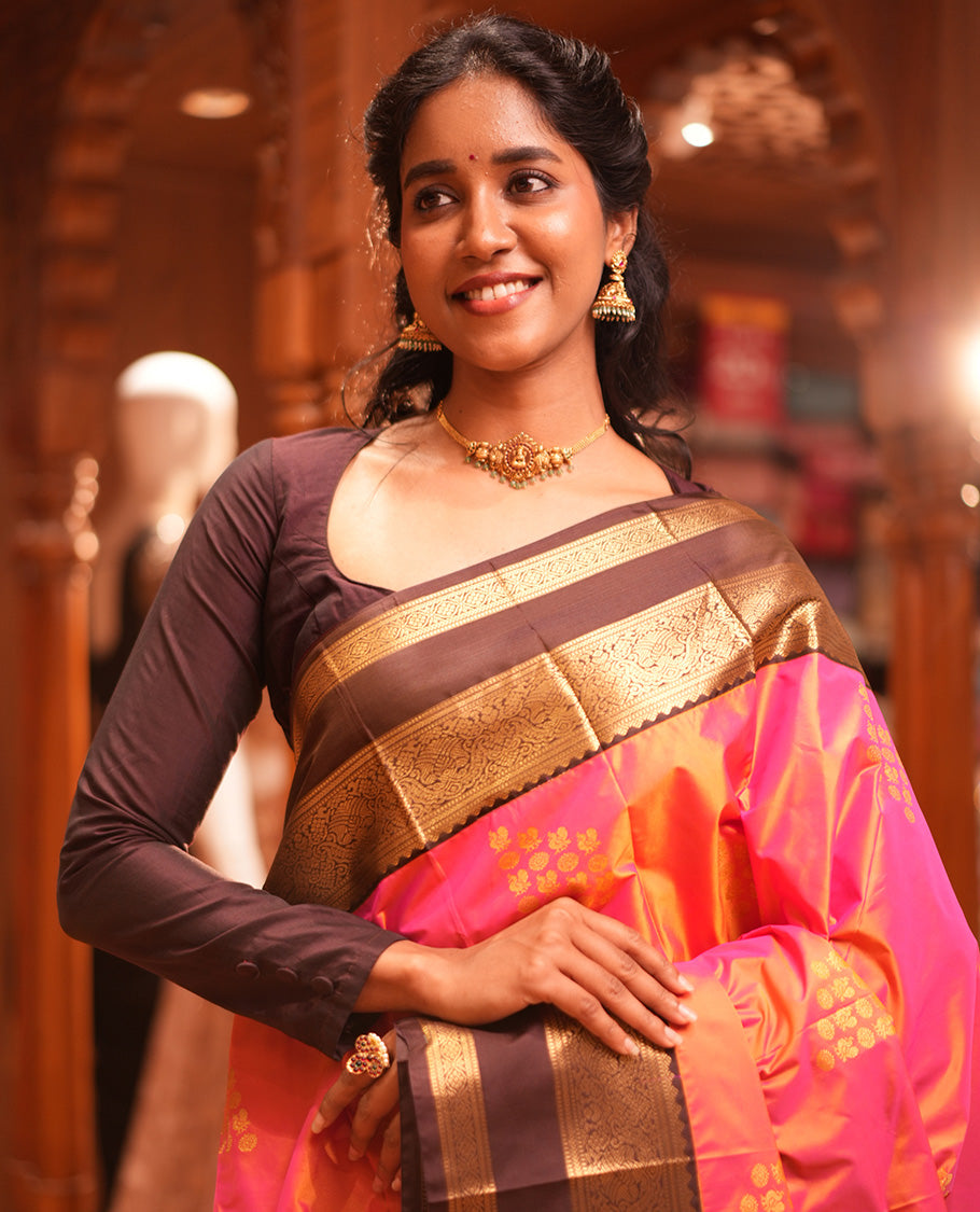 Peach Budget Silk Saree Features Buttas, Contrast Rettai Pettu Border, Grand Pallu, Contrast Blouse