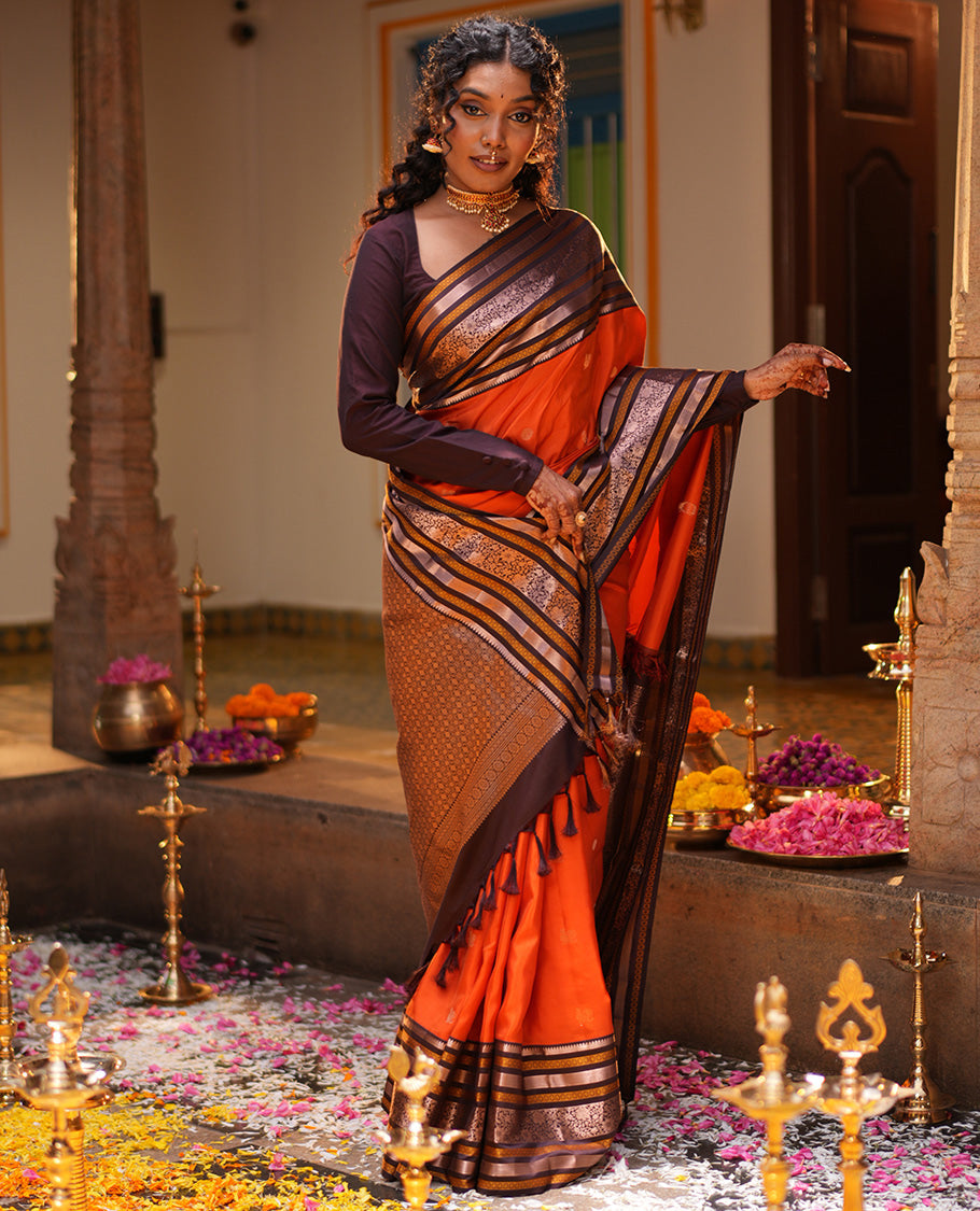 Orange Mayil-Chakram Buttas Vasundhara Lite Silk Mix Saree, Contrast Traditional Zari Border, and a Contrast Blouse