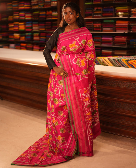 Pink Floral-Pichwai Cow Pochampally Ikat Saree, a Self-Border