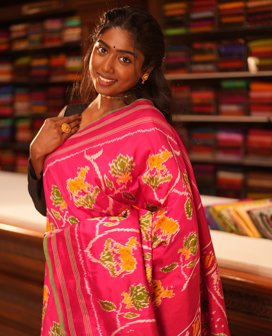 Pink Floral-Pichwai Cow Pochampally Ikat Saree, a Self-Border