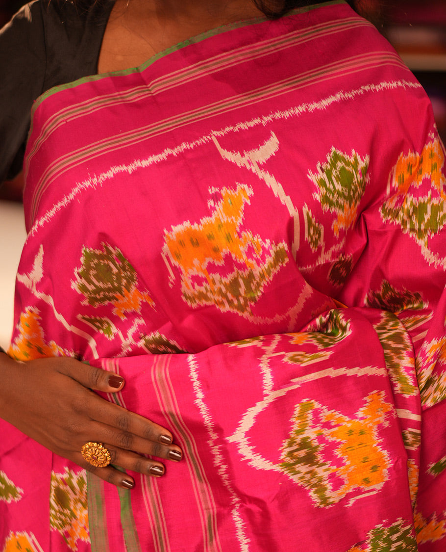 Pink Floral-Pichwai Cow Pochampally Ikat Saree, a Self-Border