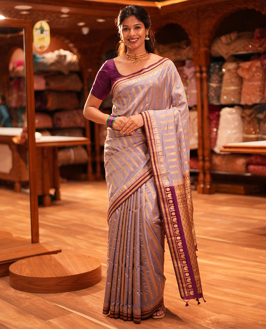 Grey Zari Stripes Fancy Raw Silk Saree, Contrast Traditional Border, Jaal Pallu, and Contrast Blouse