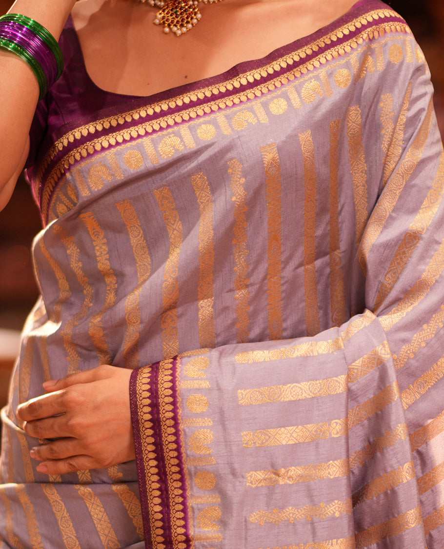 Grey Zari Stripes Fancy Raw Silk Saree, Contrast Traditional Border, Jaal Pallu, and Contrast Blouse
