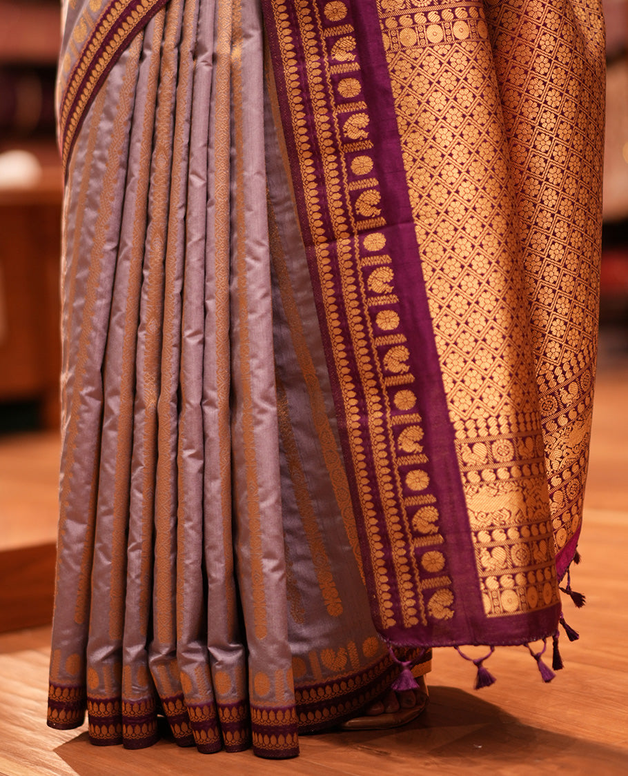 Grey Zari Stripes Fancy Raw Silk Saree, Contrast Traditional Border, Jaal Pallu, and Contrast Blouse