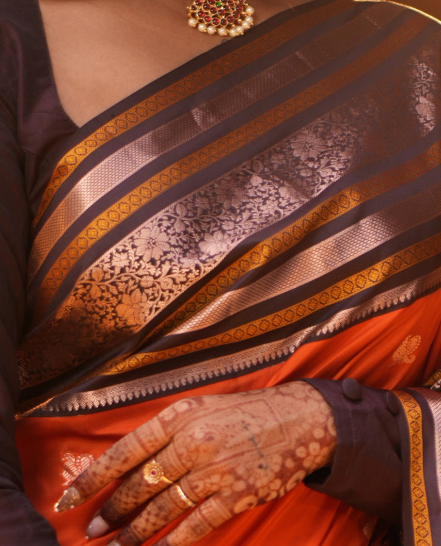 Orange Mayil-Chakram Buttas Vasundhara Lite Silk Mix Saree, Contrast Traditional Zari Border, and a Contrast Blouse