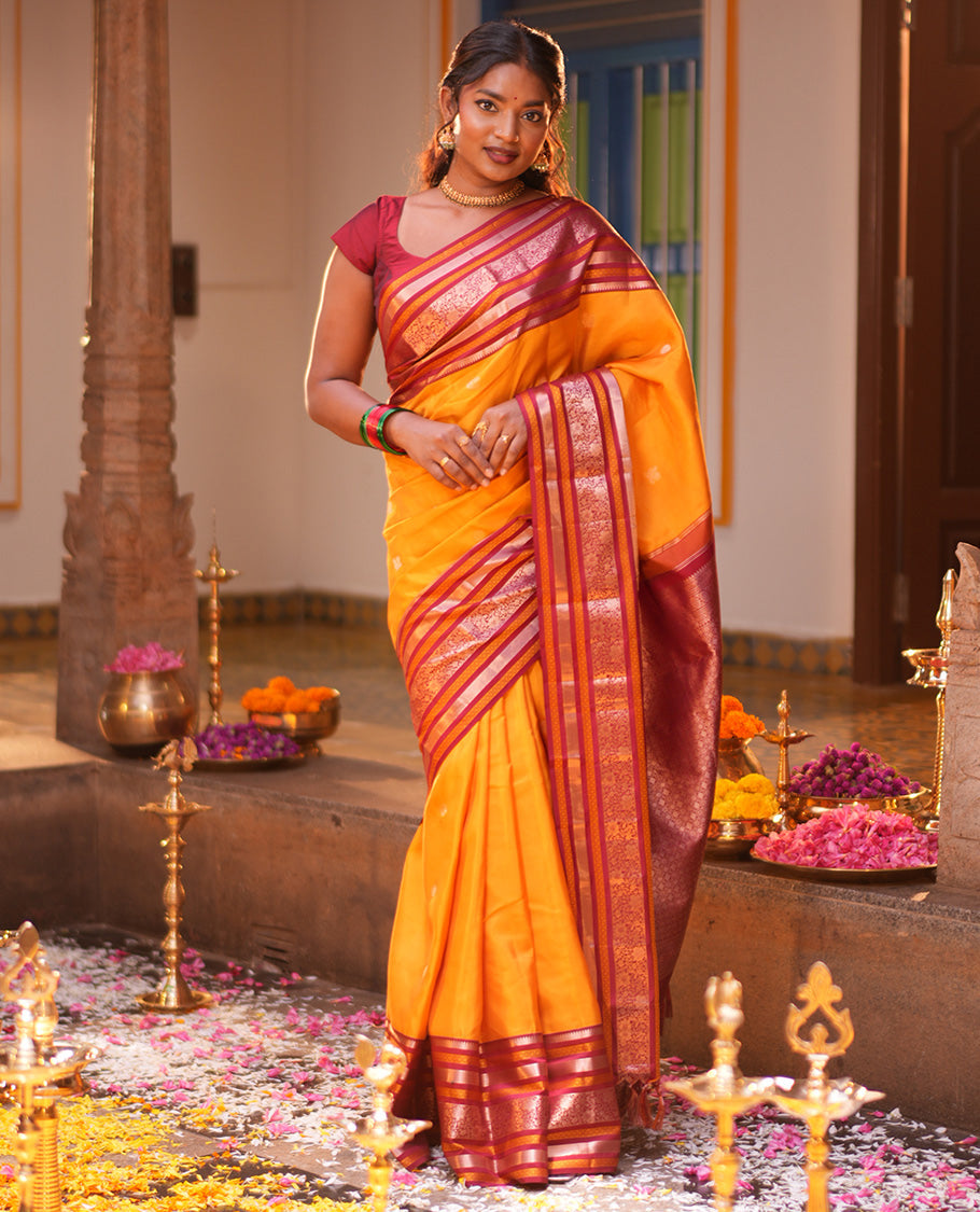 Mustard Mayil-Chakra Buttas Vasundhara Lite Silk Mix Saree, Contrast Traditional Zari Border, and a Contrast Blouse