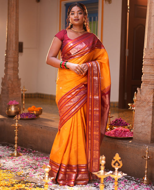 Mustard Mayil-Chakra Buttas Vasundhara Lite Silk Mix Saree, Contrast Traditional Zari Border, and a Contrast Blouse