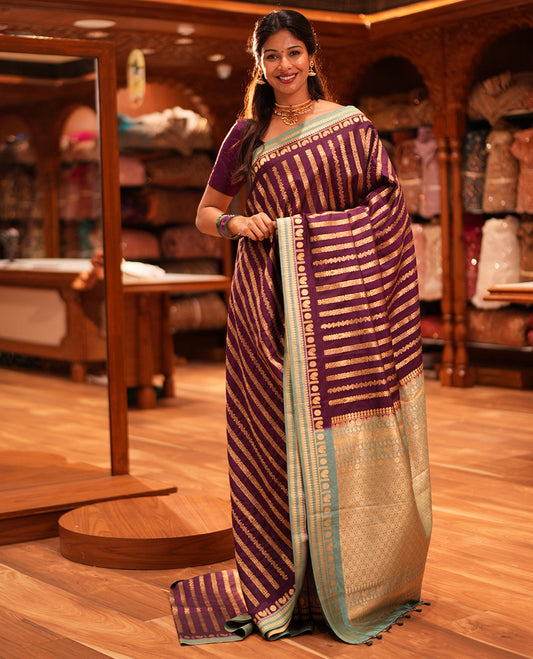 Wine Zari Stripes Fancy Raw Silk Saree, Contrast Traditional Border, Jaal Pallu, and Contrast Blouse