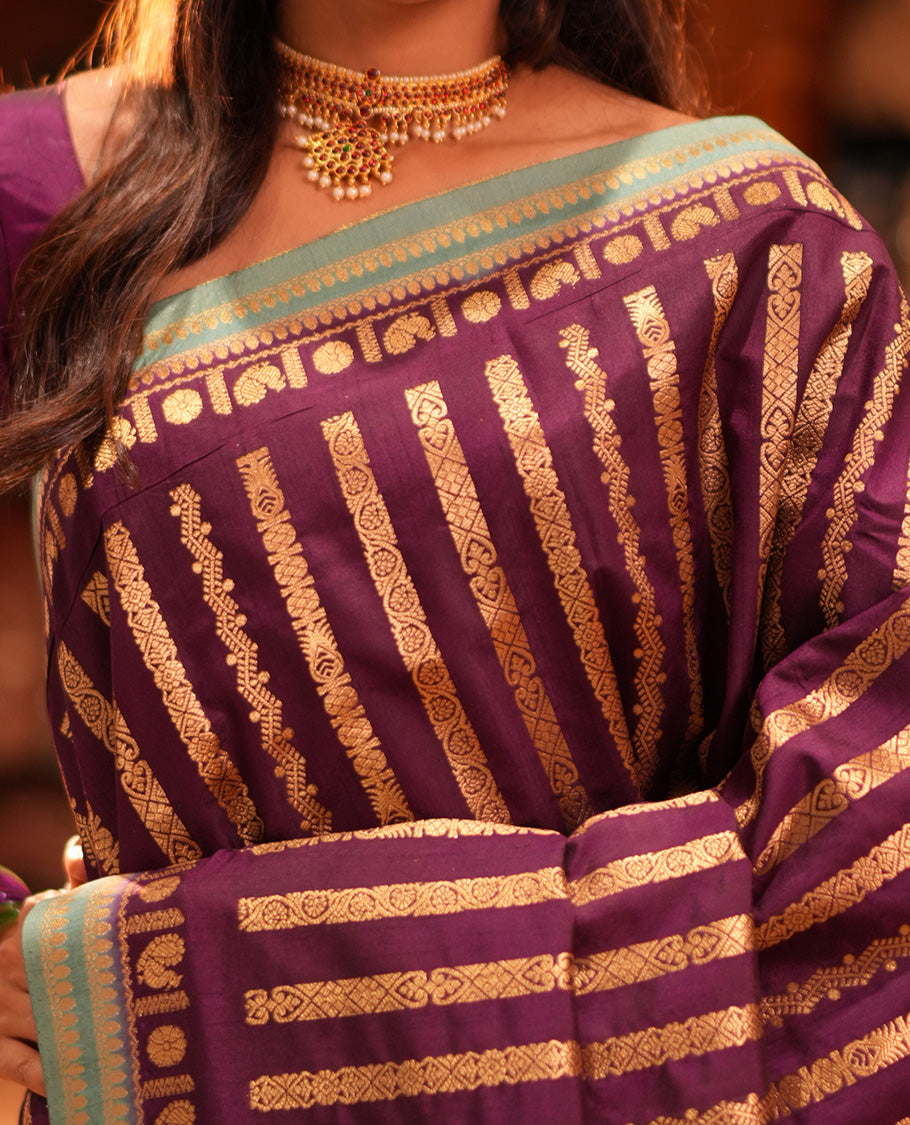 Wine Zari Stripes Fancy Raw Silk Saree, Contrast Traditional Border, Jaal Pallu, and Contrast Blouse